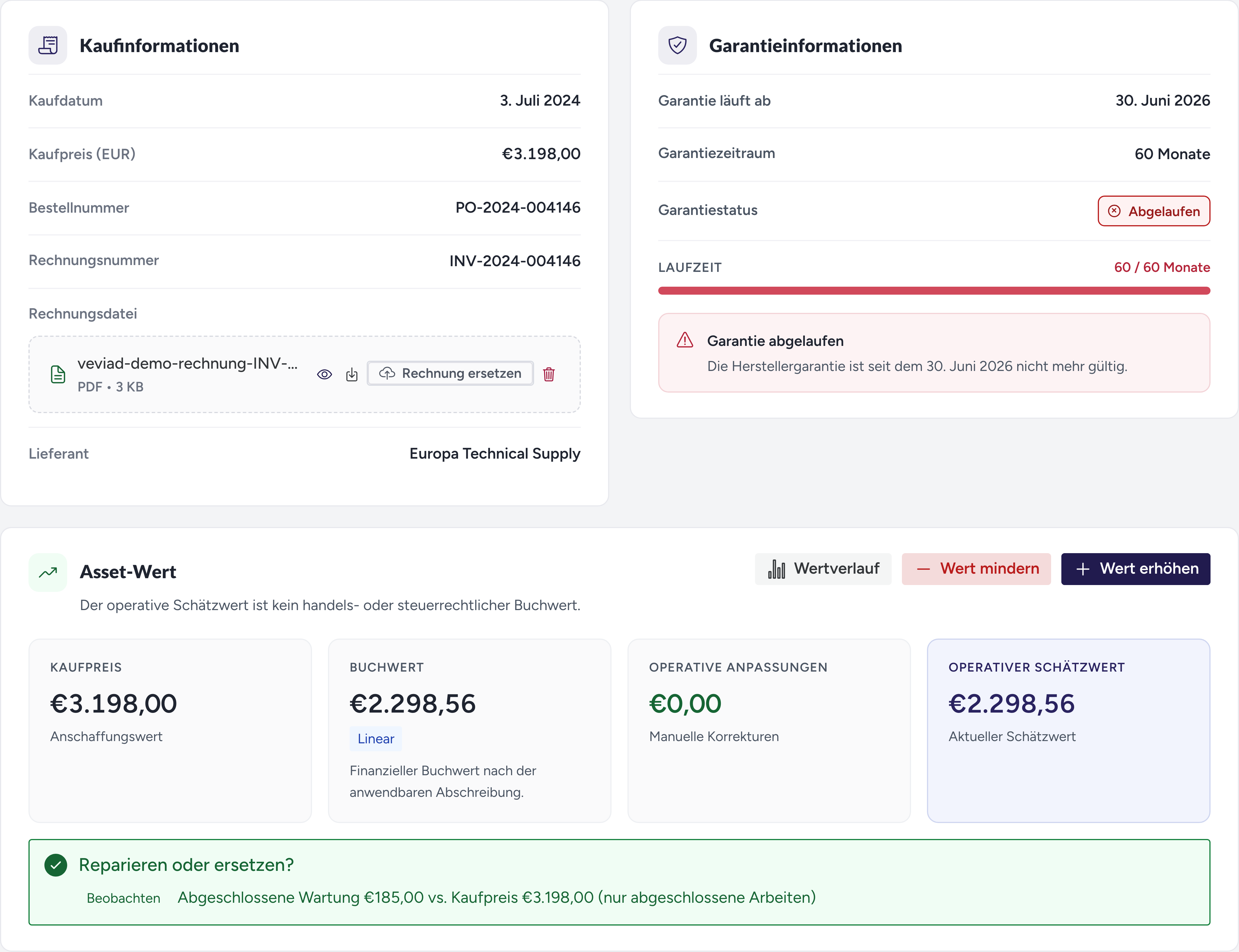 Veviad Buchwertansicht mit hinterlegter Beispielrechnung, linearer Abschreibung und dem Status des Wartungskostenvergleichs